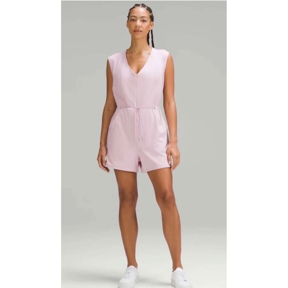 Lululemon French Terry V-Neck Romper in Pink Peony One Piece Jumper Size 4